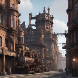 Generate a realistic image of an urban landscape, transformed with intricate steampunk aesthetics dominated by gears, cogs, and steam-powered machinery