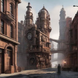 Generate a realistic image of an urban landscape, transformed with intricate steampunk aesthetics dominated by gears, cogs, and steam-powered machinery