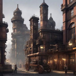 Generate a realistic image of an urban landscape, transformed with intricate steampunk aesthetics dominated by gears, cogs, and steam-powered machinery