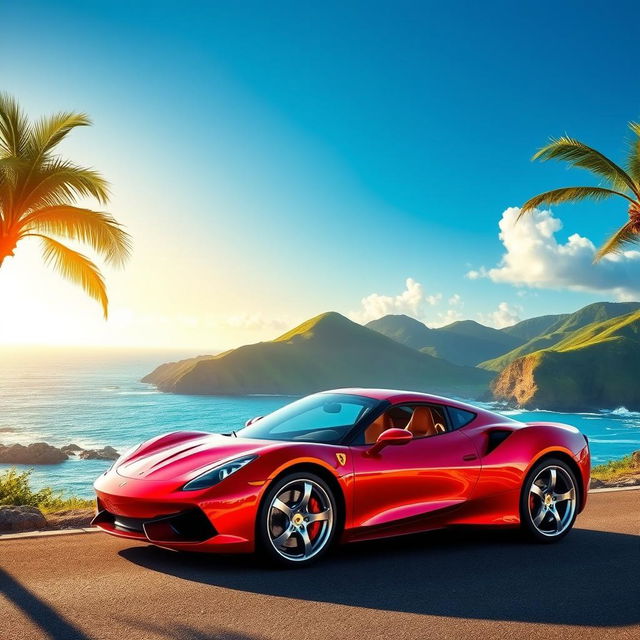 A stunning, shiny sports car parked on a scenic coastal road with breathtaking ocean views