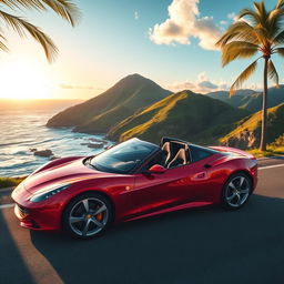 A stunning, shiny sports car parked on a scenic coastal road with breathtaking ocean views