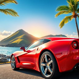 A stunning, shiny sports car parked on a scenic coastal road with breathtaking ocean views