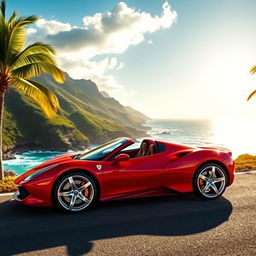 A stunning, shiny sports car parked on a scenic coastal road with breathtaking ocean views