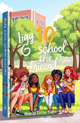 A book cover design featuring a vibrant and lively illustration of 10 diverse high school friends experiencing a joyful moment together