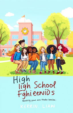 A book cover design featuring a vibrant and lively illustration of 10 diverse high school friends experiencing a joyful moment together
