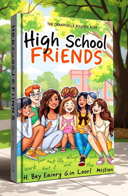 A book cover design featuring a vibrant and lively illustration of 10 diverse high school friends experiencing a joyful moment together