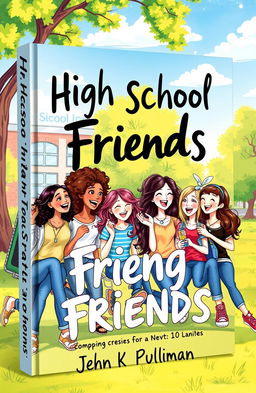 A book cover design featuring a vibrant and lively illustration of 10 diverse high school friends experiencing a joyful moment together