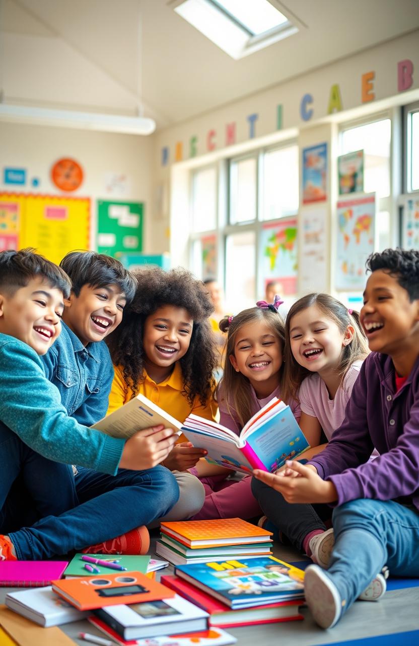 A vibrant and lively school friendship scene, showcasing a diverse group of students sitting together in a colorful classroom