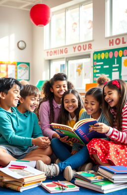 A vibrant and lively school friendship scene, showcasing a diverse group of students sitting together in a colorful classroom