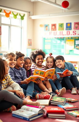 A vibrant and lively school friendship scene, showcasing a diverse group of students sitting together in a colorful classroom