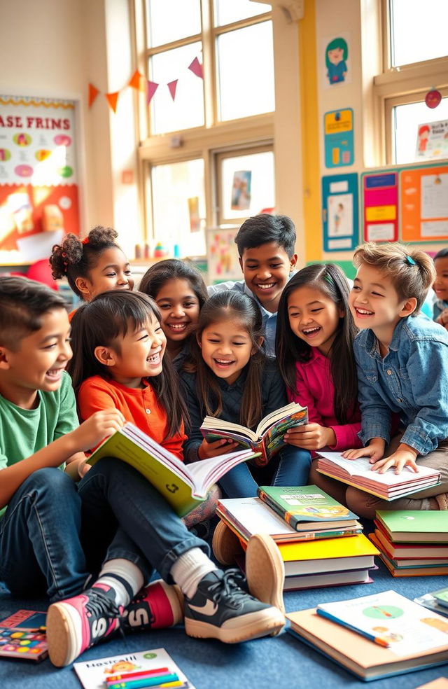 A vibrant and lively school friendship scene, showcasing a diverse group of students sitting together in a colorful classroom