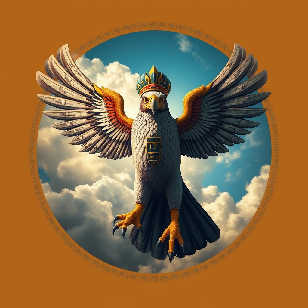 A powerful Horus, the sky god with the form of a falcon, soaring majestically from the heights