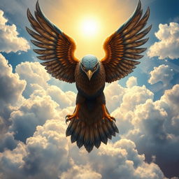 A powerful Horus, the sky god with the form of a falcon, soaring majestically from the heights