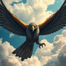 A powerful Horus, the sky god with the form of a falcon, soaring majestically from the heights