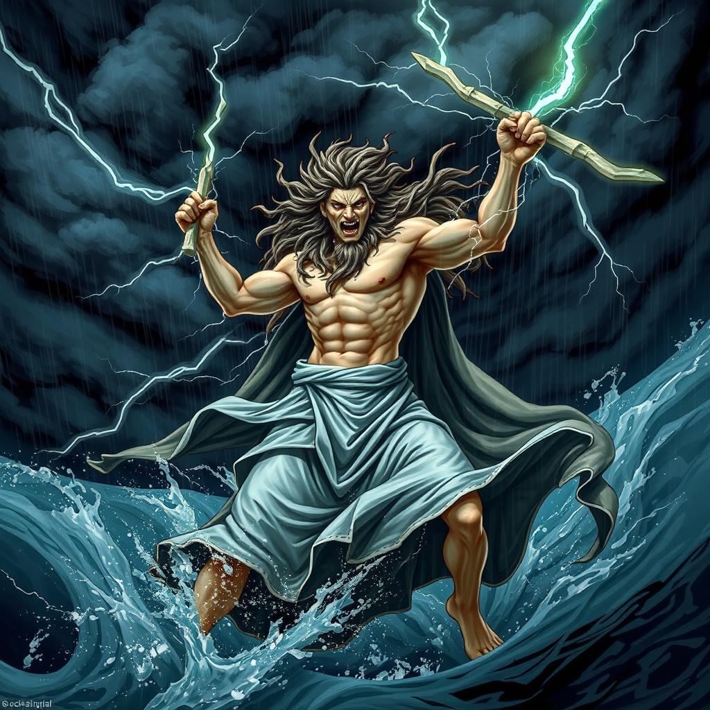 The representation of Seth, embodying chaotic and energetic traits, depicted amidst a powerful storm