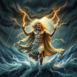 The representation of Seth, embodying chaotic and energetic traits, depicted amidst a powerful storm