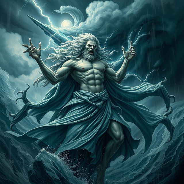 The representation of Seth, embodying chaotic and energetic traits, depicted amidst a powerful storm