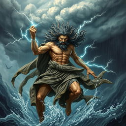 The representation of Seth, embodying chaotic and energetic traits, depicted amidst a powerful storm