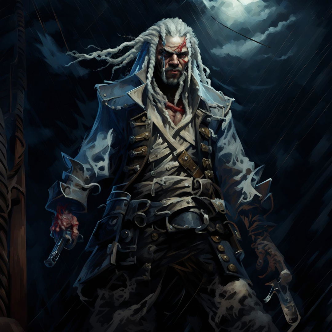 Painting of an albino pirate with white dreads strutting on ship deck amidst stormy sea, holding a blood-dripping sword and pointing a pistol at the viewer