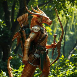 A dragonborn ranger with stunning brass and golden scales as skin, standing majestically in a lush green forest