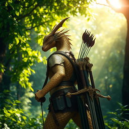 A dragonborn ranger with stunning brass and golden scales as skin, standing majestically in a lush green forest