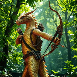 A dragonborn ranger with stunning brass and golden scales as skin, standing majestically in a lush green forest