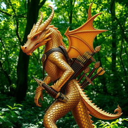 A dragonborn ranger with stunning brass and golden scales as skin, standing majestically in a lush green forest