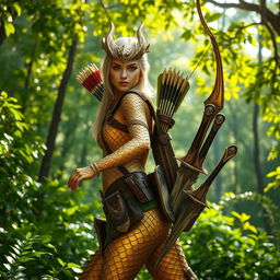 A female dragonborn ranger with stunning brass and golden scales as skin, standing majestically in a lush green forest