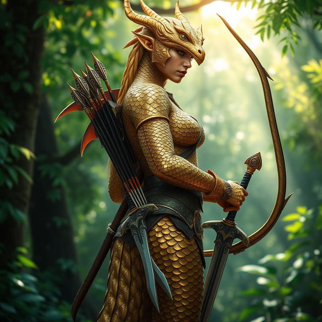 A female dragonborn ranger with stunning brass and golden scales as skin, standing majestically in a lush green forest