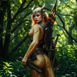 A female dragonborn ranger with stunning brass and golden scales as skin, standing majestically in a lush green forest