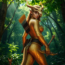 A female dragonborn ranger with stunning brass and golden scales as skin, standing majestically in a lush green forest