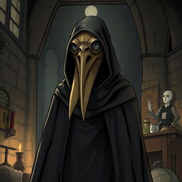 A detailed illustration of a plague doctor, characterized by a long, dark cloak and a distinctive bird-like mask with a long beak