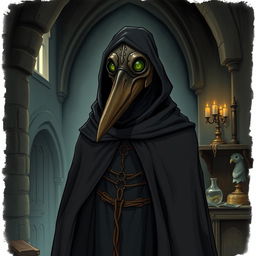 A detailed illustration of a plague doctor, characterized by a long, dark cloak and a distinctive bird-like mask with a long beak