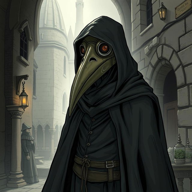 A detailed illustration of a plague doctor, characterized by a long, dark cloak and a distinctive bird-like mask with a long beak