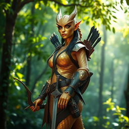 A female dragonborn ranger with striking brass and golden scales for skin, standing majestically in a lush green forest