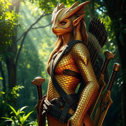 A female dragonborn ranger with striking brass and golden scales for skin, standing majestically in a lush green forest