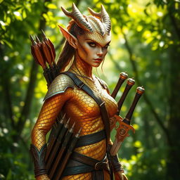 A female dragonborn ranger with striking brass and golden scales for skin, standing majestically in a lush green forest