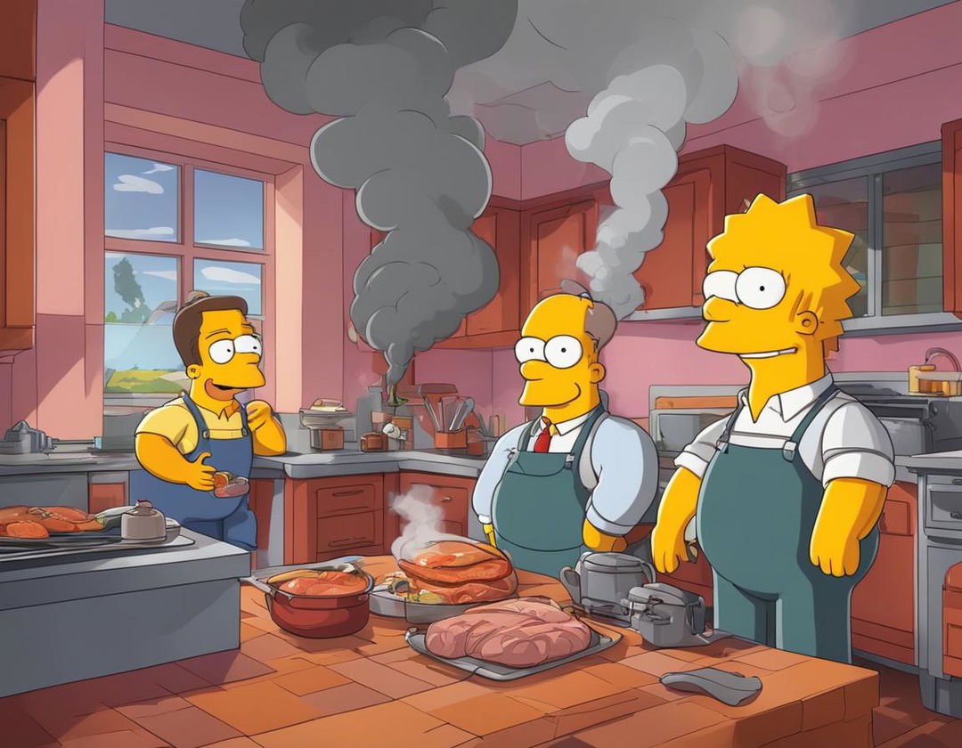 Digital art of Principal Skinner's smoke-filled kitchen with overcooked steaming hams in Simpsons style