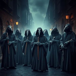 A group of mysterious plague doctors wearing iconic bird-like masks, dressed in dark, flowing cloaks