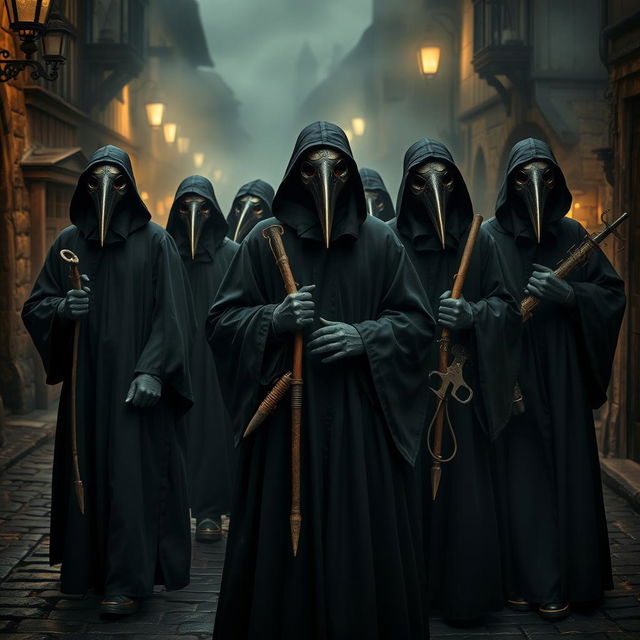 A group of mysterious plague doctors wearing iconic bird-like masks, dressed in dark, flowing cloaks