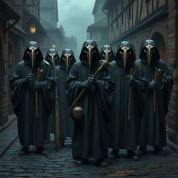 A group of mysterious plague doctors wearing iconic bird-like masks, dressed in dark, flowing cloaks