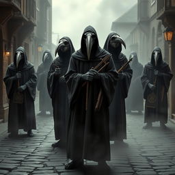 A group of mysterious plague doctors wearing iconic bird-like masks, dressed in dark, flowing cloaks