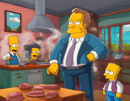 Digital art of Principal Skinner's smoke-filled kitchen with overcooked steaming hams in Simpsons style