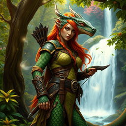 An epic female dragonborn ranger standing confidently in a lush forest, showcasing her intricate dragon scales that shimmer in shades of deep green and gold
