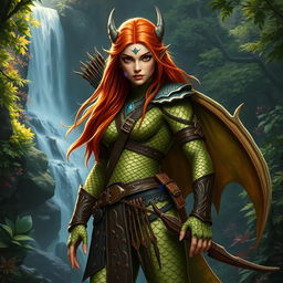 An epic female dragonborn ranger standing confidently in a lush forest, showcasing her intricate dragon scales that shimmer in shades of deep green and gold