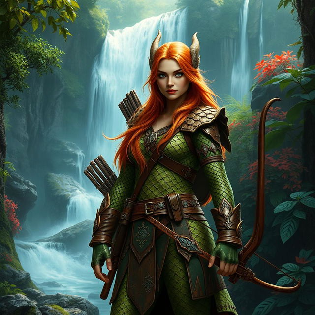 An epic female dragonborn ranger standing confidently in a lush forest, showcasing her intricate dragon scales that shimmer in shades of deep green and gold