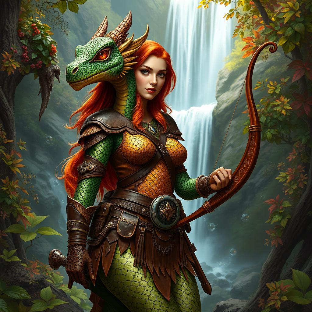 An epic female dragonborn ranger standing confidently in a lush forest, showcasing her intricate dragon scales that shimmer in shades of deep green and gold