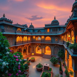 A stunning and intricate view of a traditional Indian haveli, showcasing ornate architectural details, vibrant colors, and intricate carvings