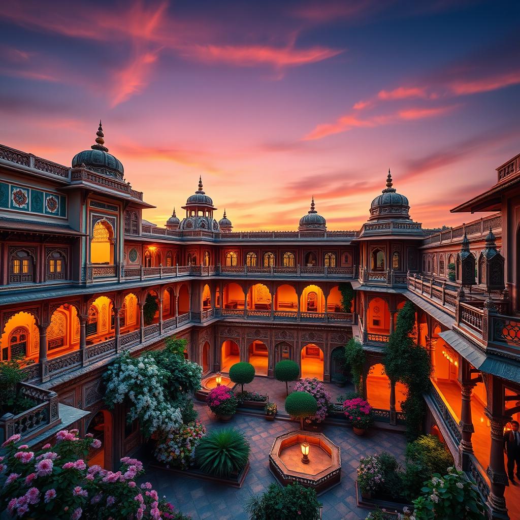 A stunning and intricate view of a traditional Indian haveli, showcasing ornate architectural details, vibrant colors, and intricate carvings