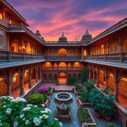 A stunning and intricate view of a traditional Indian haveli, showcasing ornate architectural details, vibrant colors, and intricate carvings